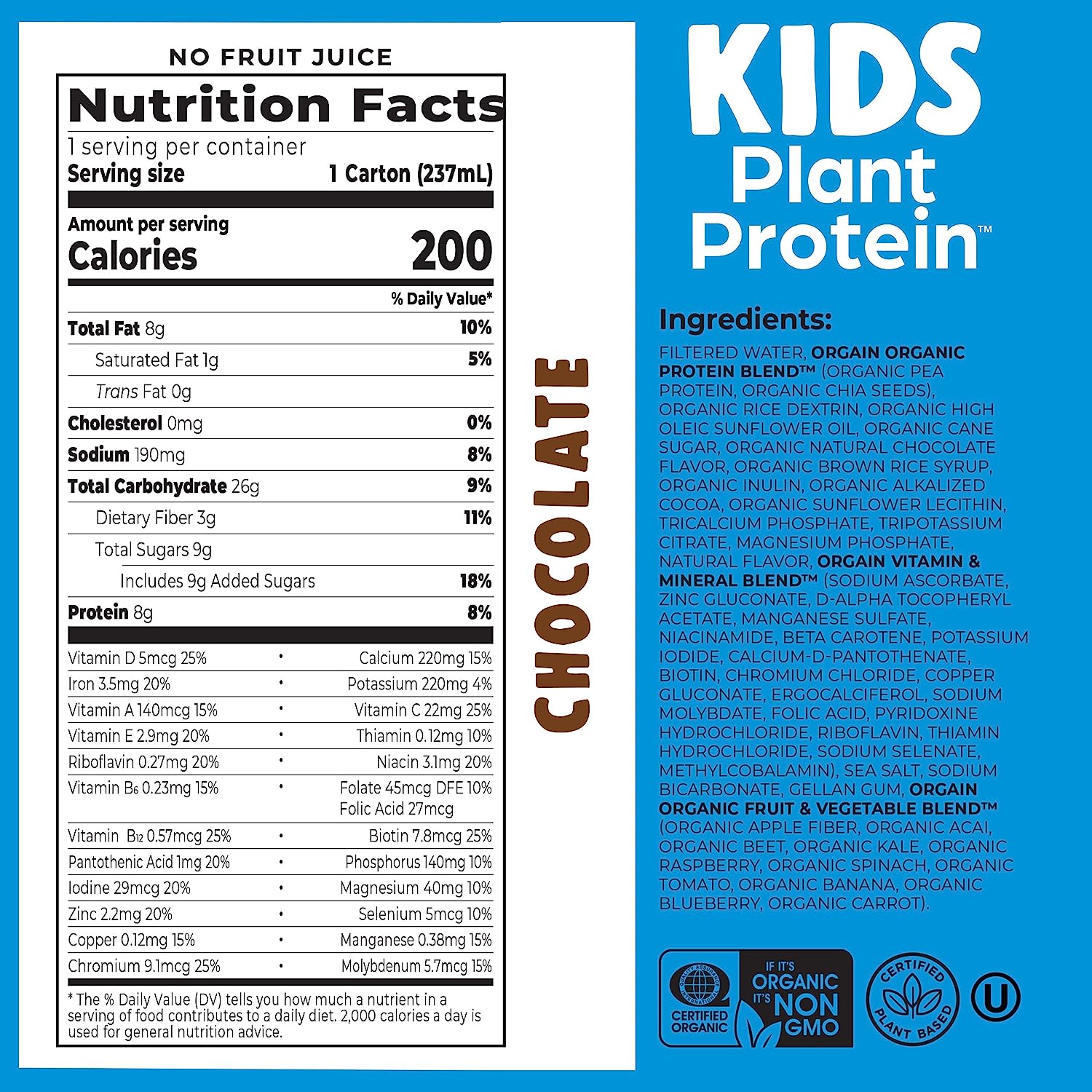 Orgain Organic Kids Vegan Protein Nutritional Shakes, Chocolate - 8g of Protein, Contains Fiber and 23 Vitamins and Minerals, Plant Based, No Gluten or Soy, Non-GMO, 8 Fl Oz (Pack of 12) - Image 2